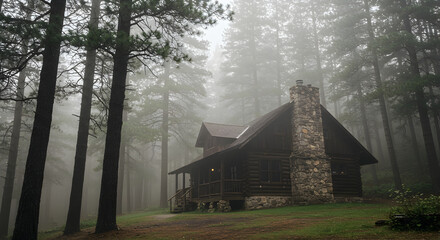 Rustic Cabin Retreat Nestled Among Towering Trees in a Misty Forest