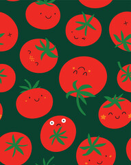 Seamless pattern. Red tomatoes with cute cartoon faces isolated on green, doodle style