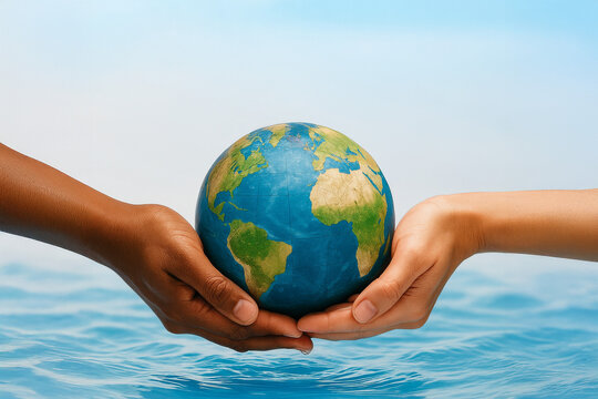 United Earth, United Hands: A symbol of global unity, showcasing two hands of diverse skin tones cradling a miniature Earth. The image embodies environmental protection and international cooperation.
