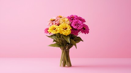 Fototapeta premium Vibrant Zinnia Flowers in a Bouquet Against a Soft Pink Background