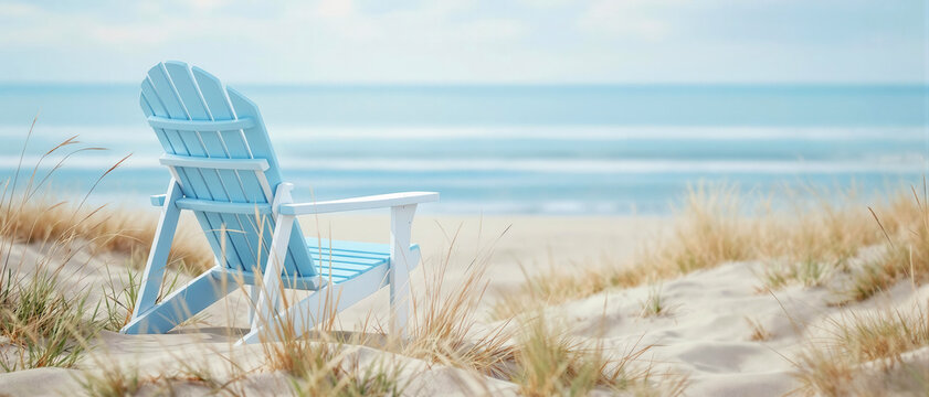 Beautiful blue white wood beach chair looking over the ocean with copy space banner - Powered by Adobe