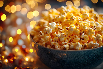 Festive Popcorn Bowl with Bokeh Lights for Holiday Celebrations
