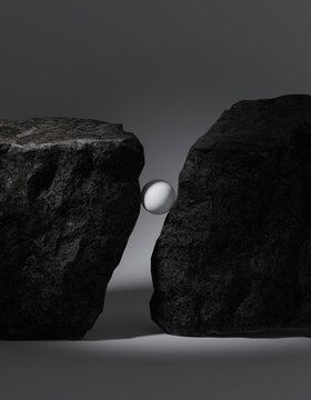 3D rendering of a sphere balanced between two large rocks in a minimalist composition