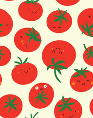 Seamless pattern. Red tomatoes with cute cartoon faces. Doodle style