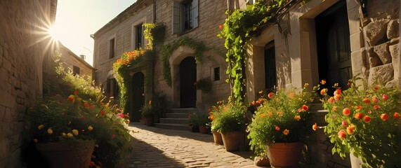 Fototapeta premium Narrow sunlit village alleys lined with flowers and climbing vines around old stone buildings. Extremely detailed high resolution illustration.
