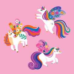 Set of three magic unicorns with beautiful wings. Vector illustration