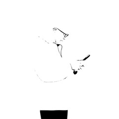 Black and White Silhouette or Line Art Illustration of Man or Woman Handing Mobile Phone - Communication Concept