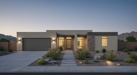 Contemporary Home Architecture Showcase Featuring Desert Landscaping At Twilight