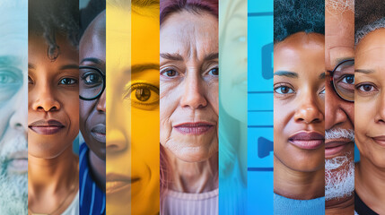 This image features a group of people wearing glasses, with their faces partially overlaid by a digital, futuristic interface. The background is filled with abstract, technological graphics, suggestin