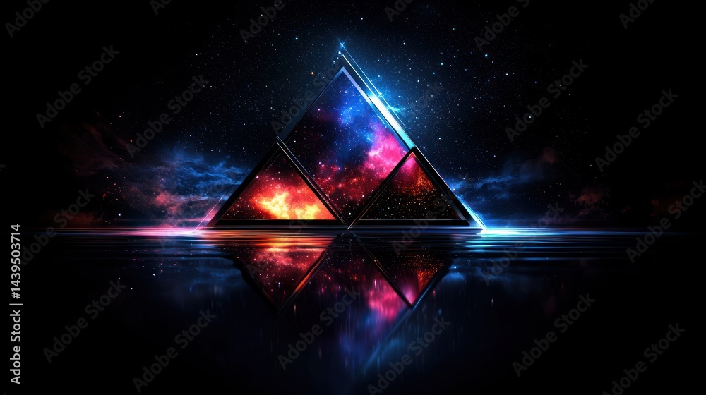 Poster abstract cosmic triangle reflected on dark surface