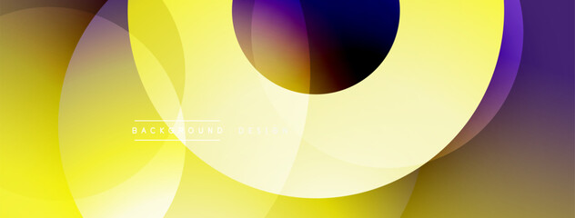 Abstract circles overlap, creating vibrant yellow, purple gradients. Modern design suggests energy, movement, visual appeal.