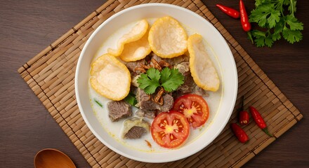 Delicious Indonesian Soto Soup with Crispy Crackers
