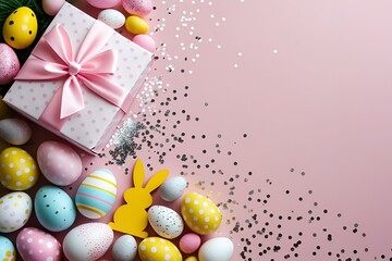 Pastel Easter eggs pink gift box silver confetti joyful spring celebration