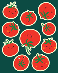 Sticker set of red tomatoes with cute cartoon faces. Doodle style