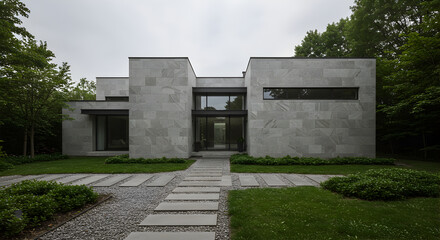 Striking Modernist Home Exterior Design In Rural Setting During Overcast Day