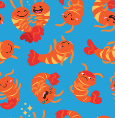 Seamless pattern with cute cartoon shrimps in kawaii style