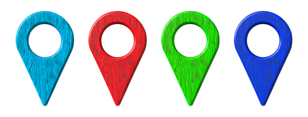 Collection of four wooden location pin icons on white or transparent background