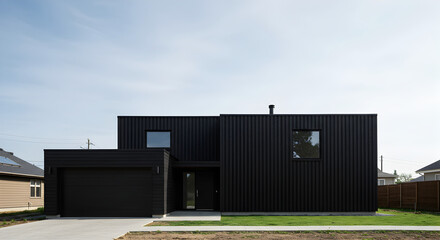 Fototapeta premium Modern Geometric Black House with Vertical Siding Under Blue Sky