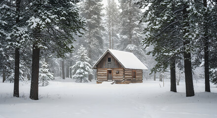 Naklejka premium Winter Solitude Log Cabin Retreat Deep in a Snow Covered Forest