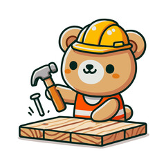 Cartoon Bear Construction Worker Nailing Wood with Hammer Wearing Safety Helmet
