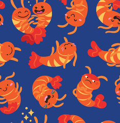 Seamless pattern with cute cartoon shrimps in kawaii style. Vector illustration