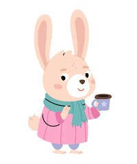 Hare in a pink coat with coffee. Cute children's character.
