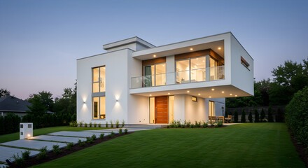 Obraz premium Modern House Exterior Design with Green Lawn at Evening Time