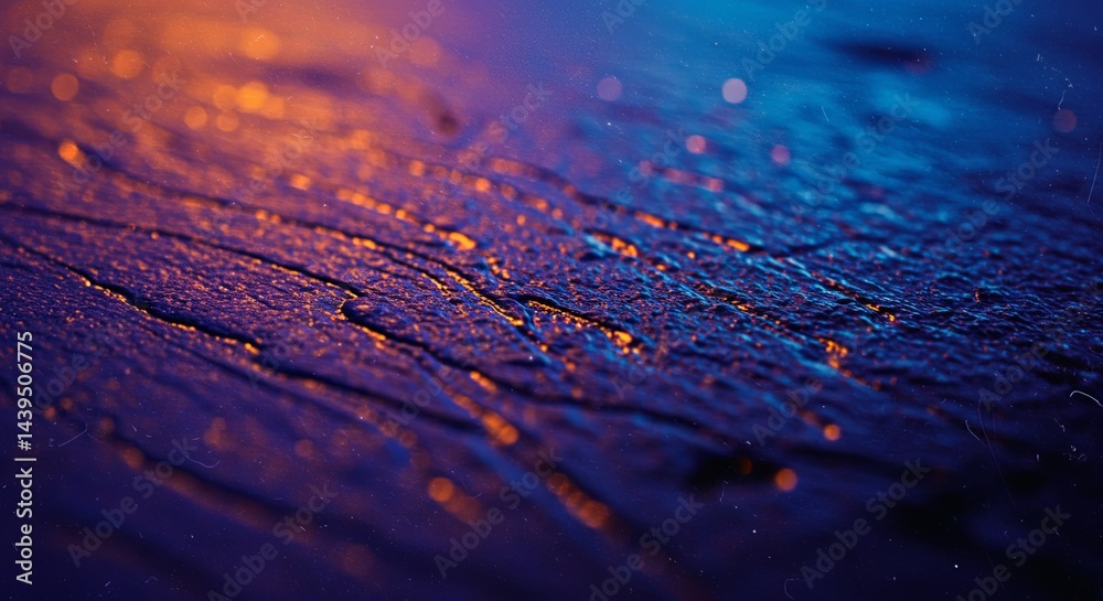 Poster the image is a close up of a wet surface with a blue and orange hue