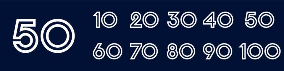 collection anniversary 10 to 100 year logo designs. abstract number for celebration event, wedding, greeting card, and invitation, vector illustration