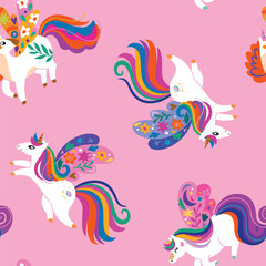Seamless pattern with magic unicorns. Vector illustration
