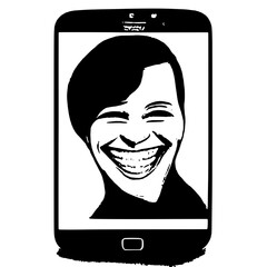 Black and White Silhouette or Line Art Illustration of Man or Woman Handing Mobile Phone - Communication Concept