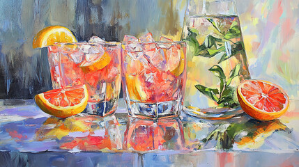 This refreshing image showcases a vibrant assortment of sliced fruits, including grapefruit, lime, lemon, and berries, all set against a backdrop of shimmering ice cubes. The colorful array of fruits 