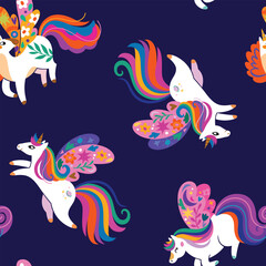 Seamless pattern with magic unicorns in the night. Vector illustration
