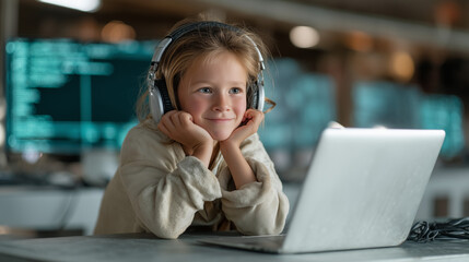 Young Enthusiast with Laptop: A bright-eyed young girl with headphones beams as she engages with her laptop, her hands resting beneath her chin, showing an interest in technology and digital learning.