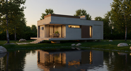 Obraz premium Contemporary House Reflection in the Lake at Dusk Embraced by Serene Nature