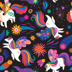 Seamless pattern with magic unicorns, comets and stars in the night. Vector illustration in vibrant colours
