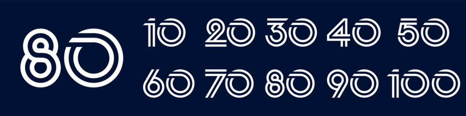 collection anniversary 10 to 100 year logo designs. abstract number for celebration event, wedding, greeting card, and invitation, vector illustration