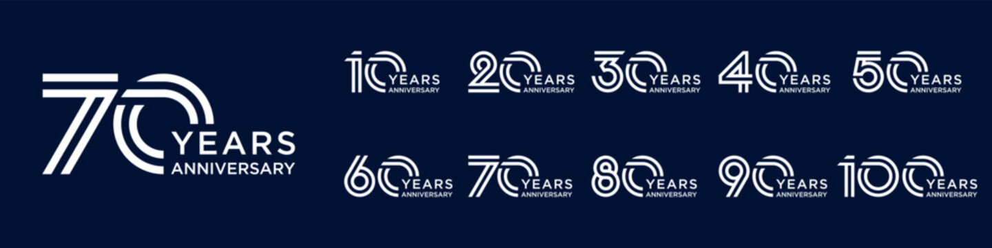 collection anniversary 10 to 100 year logo designs. abstract number for celebration event, wedding, greeting card, and invitation, vector illustration