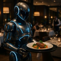 A futuristic robot server delivering food in a stylish, modern restaurant setting.