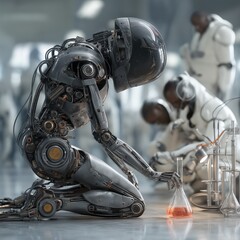 Fototapeta premium Futuristic robot working alongside humans in a high-tech laboratory,generative ai illustration