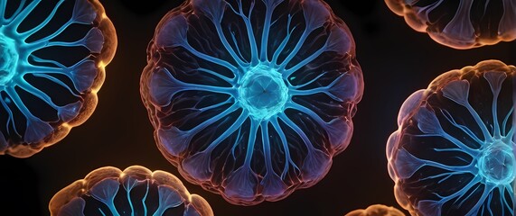 Microscopic fluorescent images revealing complex human cell structures glowing with intense detail. Extremely detailed high resolution illustration.