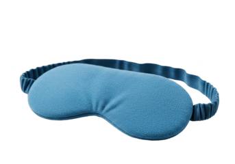 A close up of a blue sleep mask with an elastic band attached