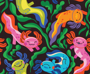 Seamless pattern. Cute cartoon axolotls in retro colors. 
