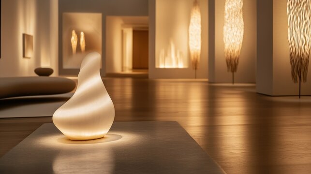 An illuminated artistic lamp displayed inside a spacious art gallery interior
