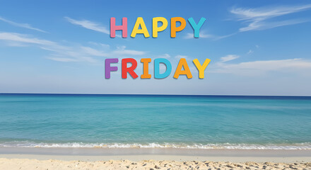 Happy Friday Beach Image: Turquoise Ocean, Sandy Shore, Colorful Text
