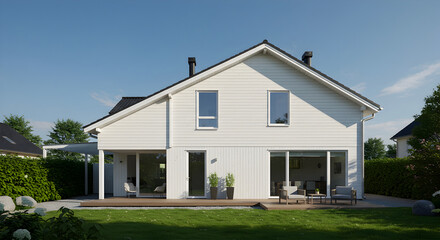 Obraz premium Modern Scandinavian Home With Lawn Garden And Architecture Design