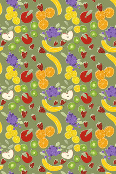 Colorful fruit pattern illustration with apples, bananas, grapes, and more on a green background
