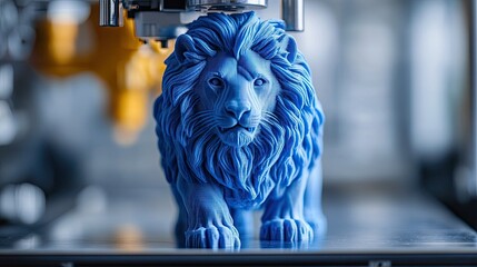 3D Printer Printing Blue Lion Figure Close-Up 