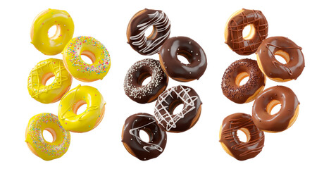 Assorted donuts with colorful icing, sprinkles, and chocolate isolated on white transparent background. 3d rendering and illustration of dessert variety