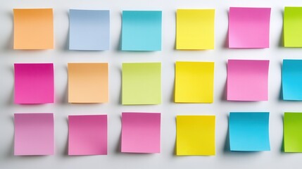 Colorful sticky note arrangement on a white wall for creative brainstorming and organization